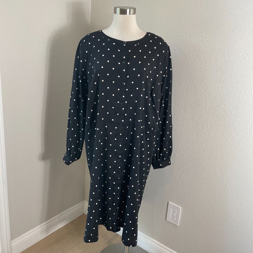 Loft Womens Plus 22 Polka Dot Button Up Dress Long Sleeve Black White